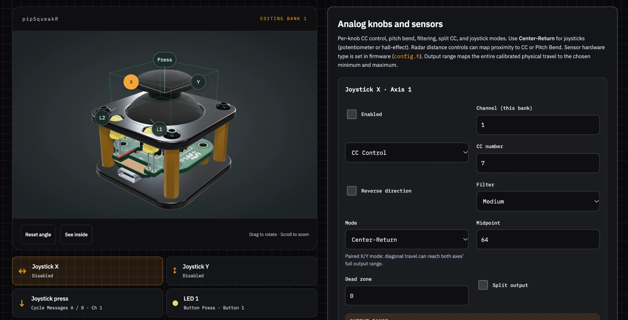 useMidi configurator showing the pipSqueak 3D model and joystick MIDI settings